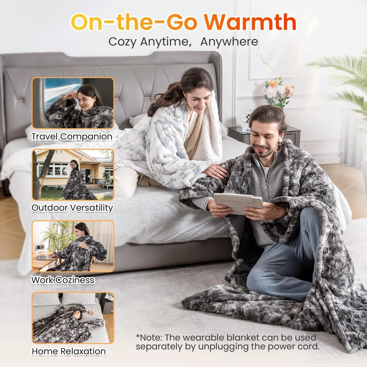 WOOMER Wearable Heated Blanket 50”×70“, Soft Faux Fur & Cozy Sherpa Heated Snuggle with Foot Pockets and Sleeves, 4 Heating Levels & 4H Auto Off, ETL Certified, Machine Washable