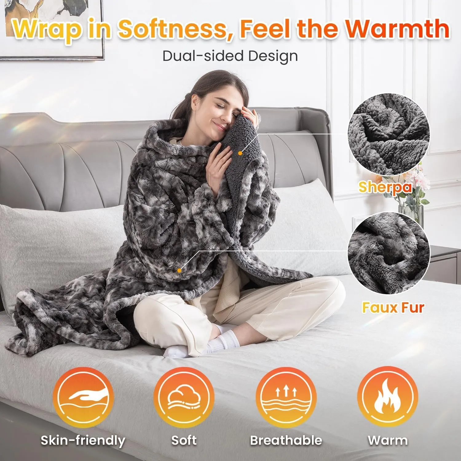 WOOMER Wearable Heated Blanket 50”×70“, Soft Faux Fur & Cozy Sherpa Heated Snuggle with Foot Pockets and Sleeves, 4 Heating Levels & 4H Auto Off, ETL Certified, Machine Washable