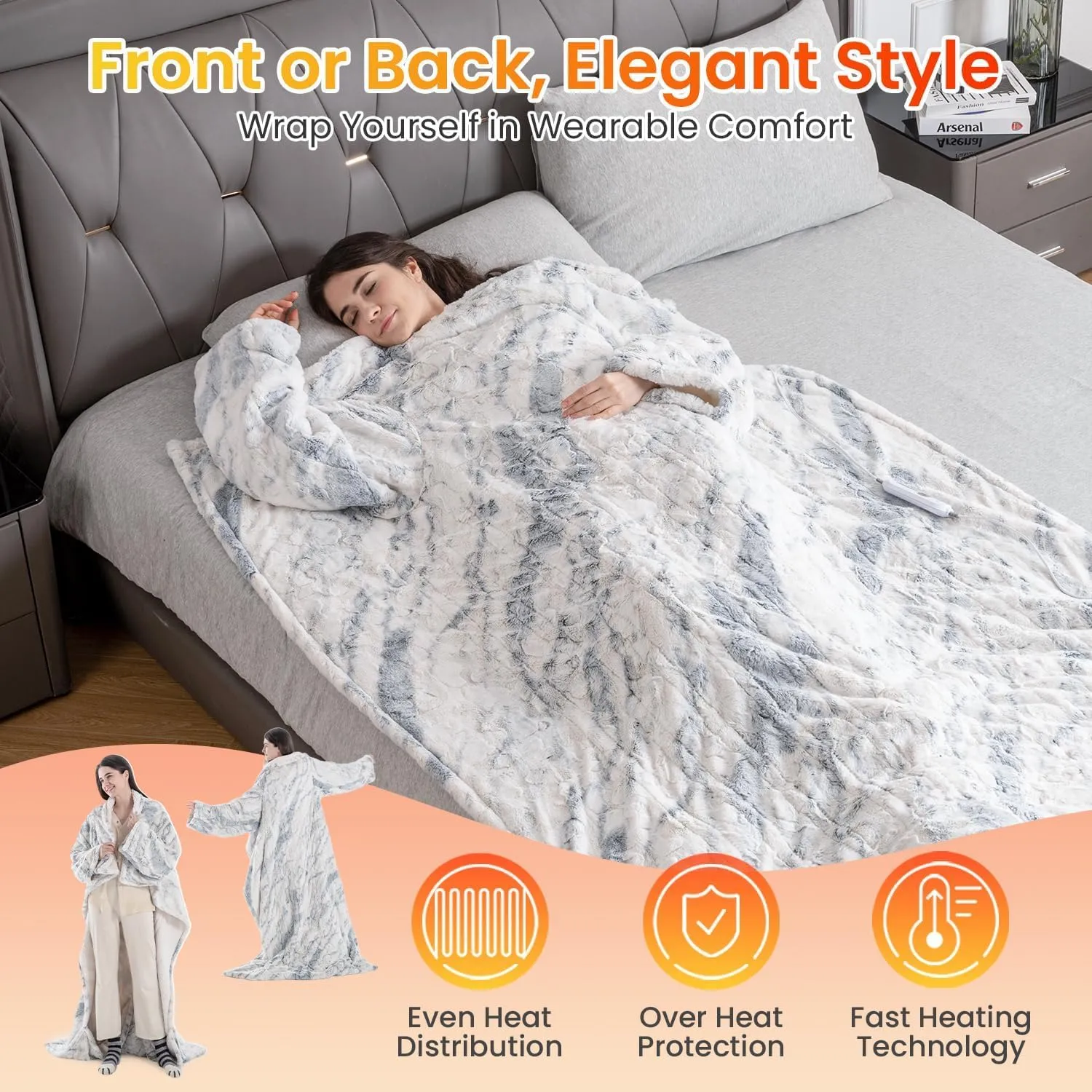 WOOMER Wearable Heating Electric Blanket 50”×70“, Soft Faux Fur & Cozy Sherpa Electric Heated Blanket with Foot Pockets and Sleeves, 4 Heat Levels & 4H Auto Off