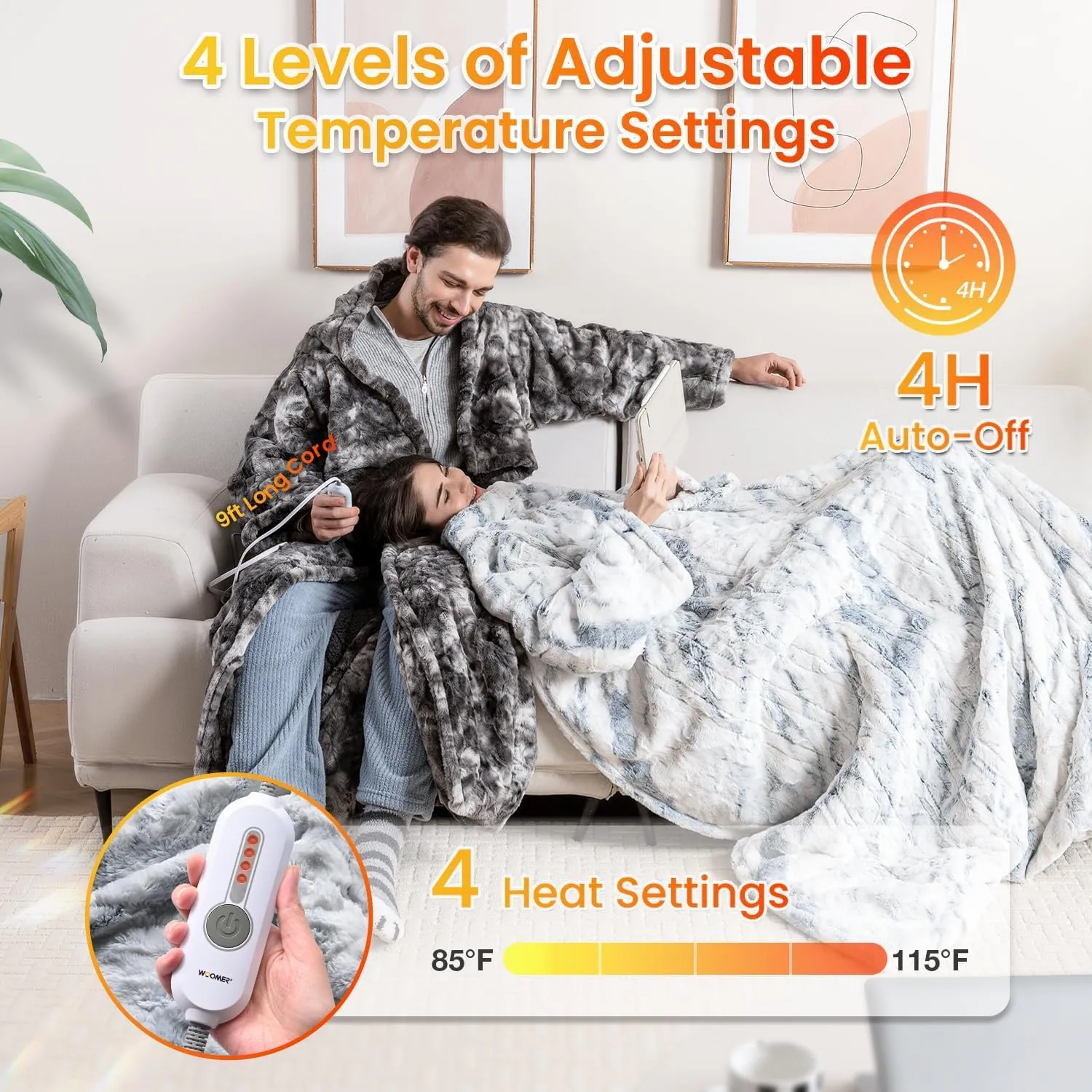 WOOMER Wearable Heating Electric Blanket 50”×70“, Soft Faux Fur & Cozy Sherpa Electric Heated Blanket with Foot Pockets and Sleeves, 4 Heat Levels & 4H Auto Off