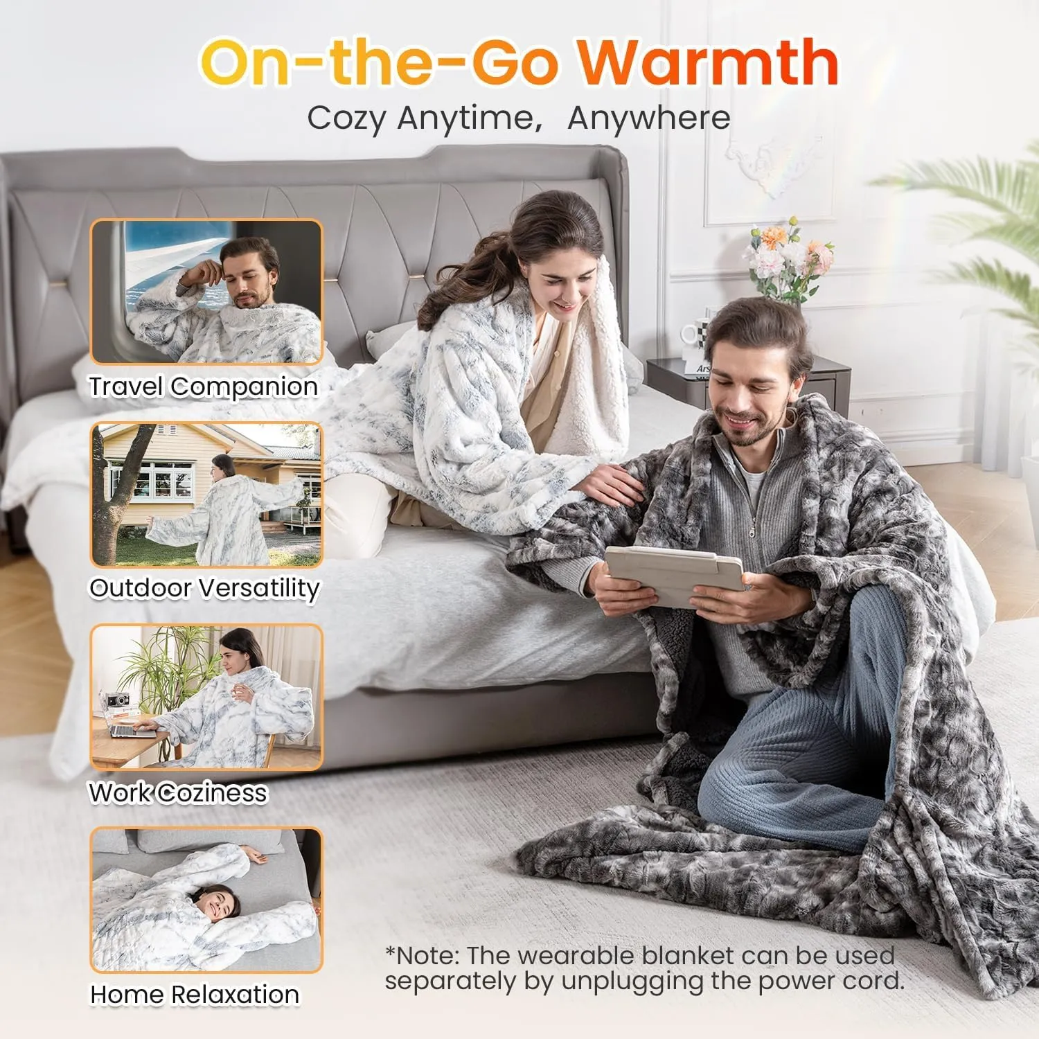 WOOMER Wearable Heating Electric Blanket 50”×70“, Soft Faux Fur & Cozy Sherpa Electric Heated Blanket with Foot Pockets and Sleeves, 4 Heat Levels & 4H Auto Off