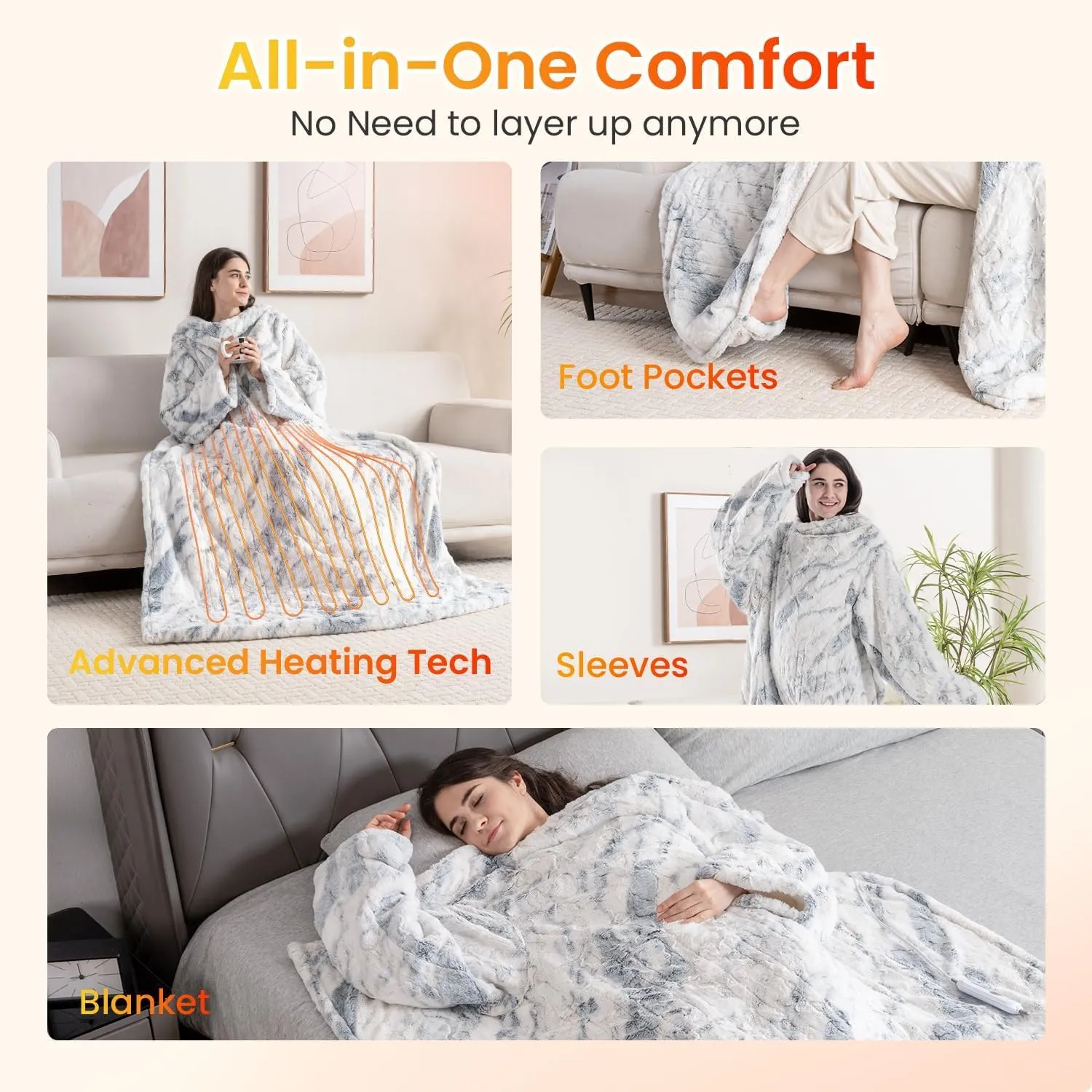 WOOMER Wearable Heating Electric Blanket 50”×70“, Soft Faux Fur & Cozy Sherpa Electric Heated Blanket with Foot Pockets and Sleeves, 4 Heat Levels & 4H Auto Off