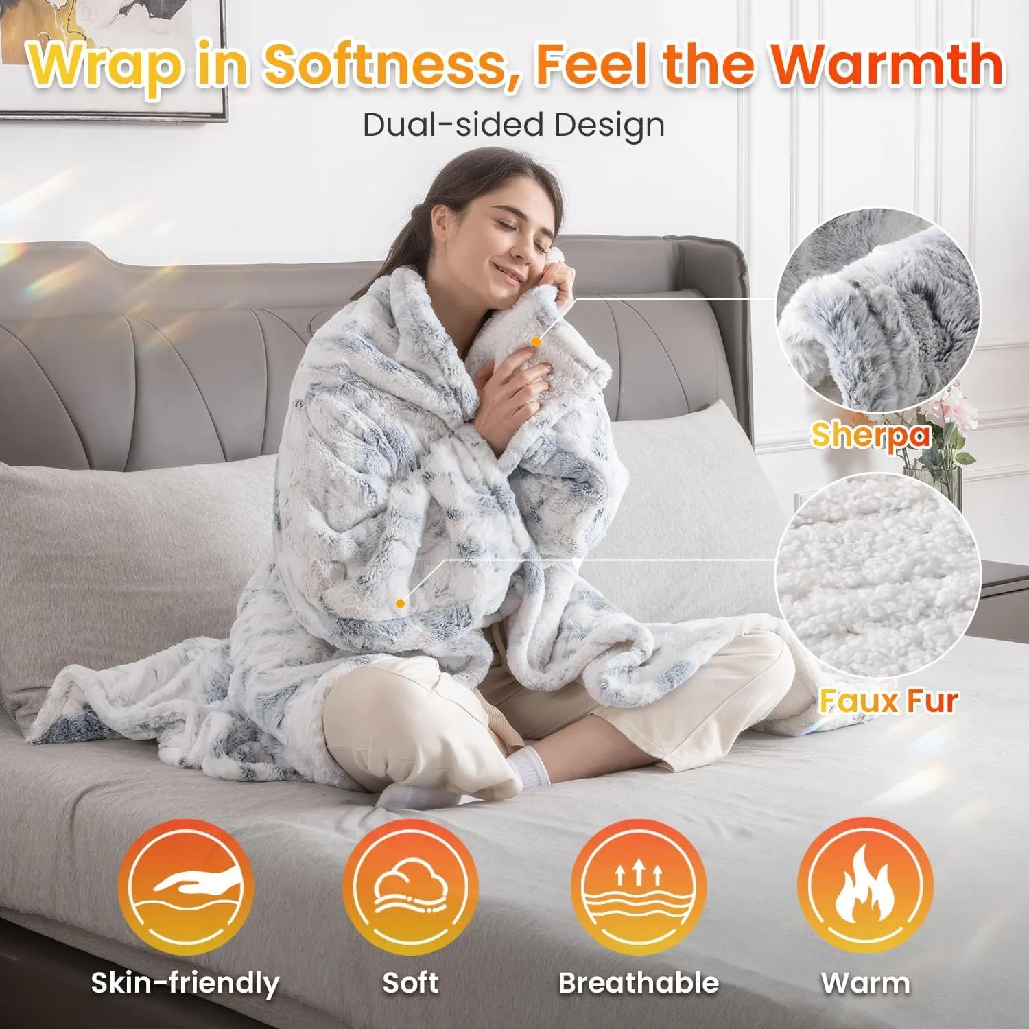 WOOMER Wearable Heating Electric Blanket 50”×70“, Soft Faux Fur & Cozy Sherpa Electric Heated Blanket with Foot Pockets and Sleeves, 4 Heat Levels & 4H Auto Off