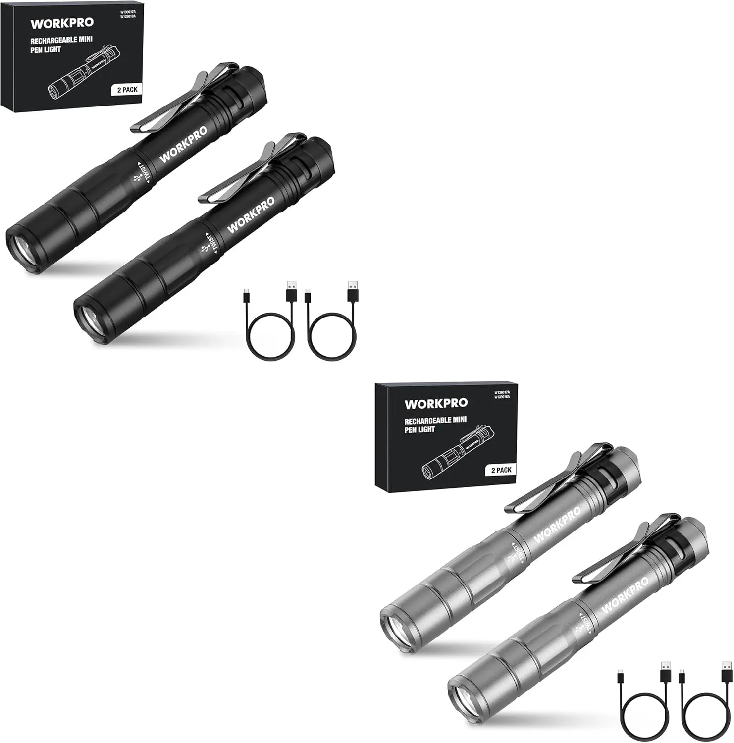 WORKPRO 2 Pack Rechargeable Pen Light Black & 2 Pack Rechargeable Pen Light Gray