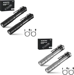 WORKPRO 2 Pack Rechargeable Pen Light Black & 2 Pack Rechargeable Pen Light Gray