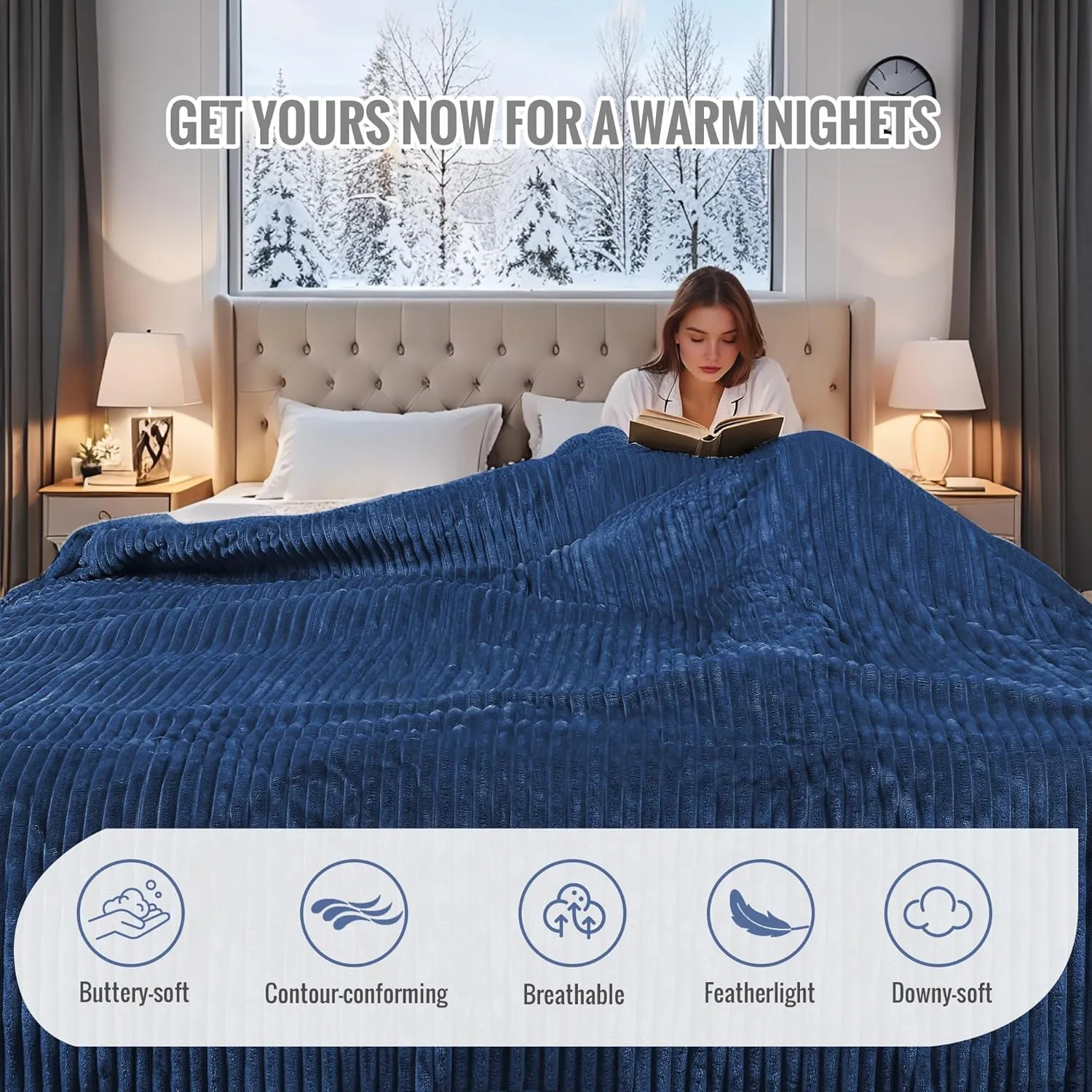 YAKEE Electric Blanket Full Size 72"x 84", Large Heated Blanket, Soft Warm Heating Blanket, 12 Heating Levels and 10 Hours Auto-Shut-Off, Machine Washable, Navy Blue