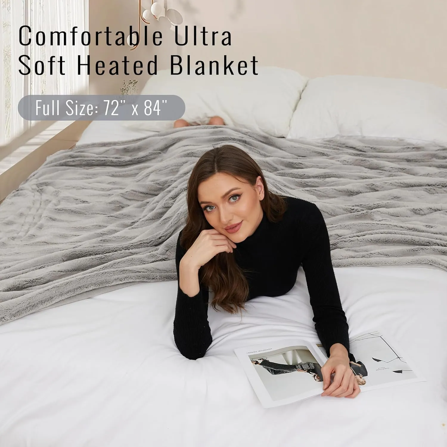YAKEE Electric Heated Blanket Full Size 72"x 84", 4 Fast Heating Levels, 10H Auto Off, Super Soft Faux Fur Electric Blanket, Overheat Protection, Brown
