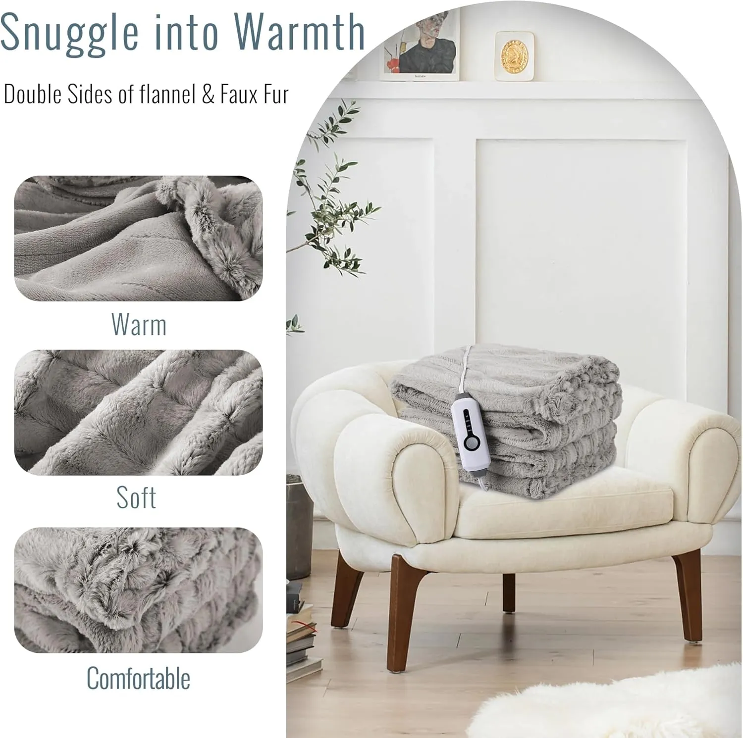 YAKEE Electric Heated Blanket Full Size 72"x 84", 4 Fast Heating Levels, 10H Auto Off, Super Soft Faux Fur Electric Blanket, Overheat Protection, Brown