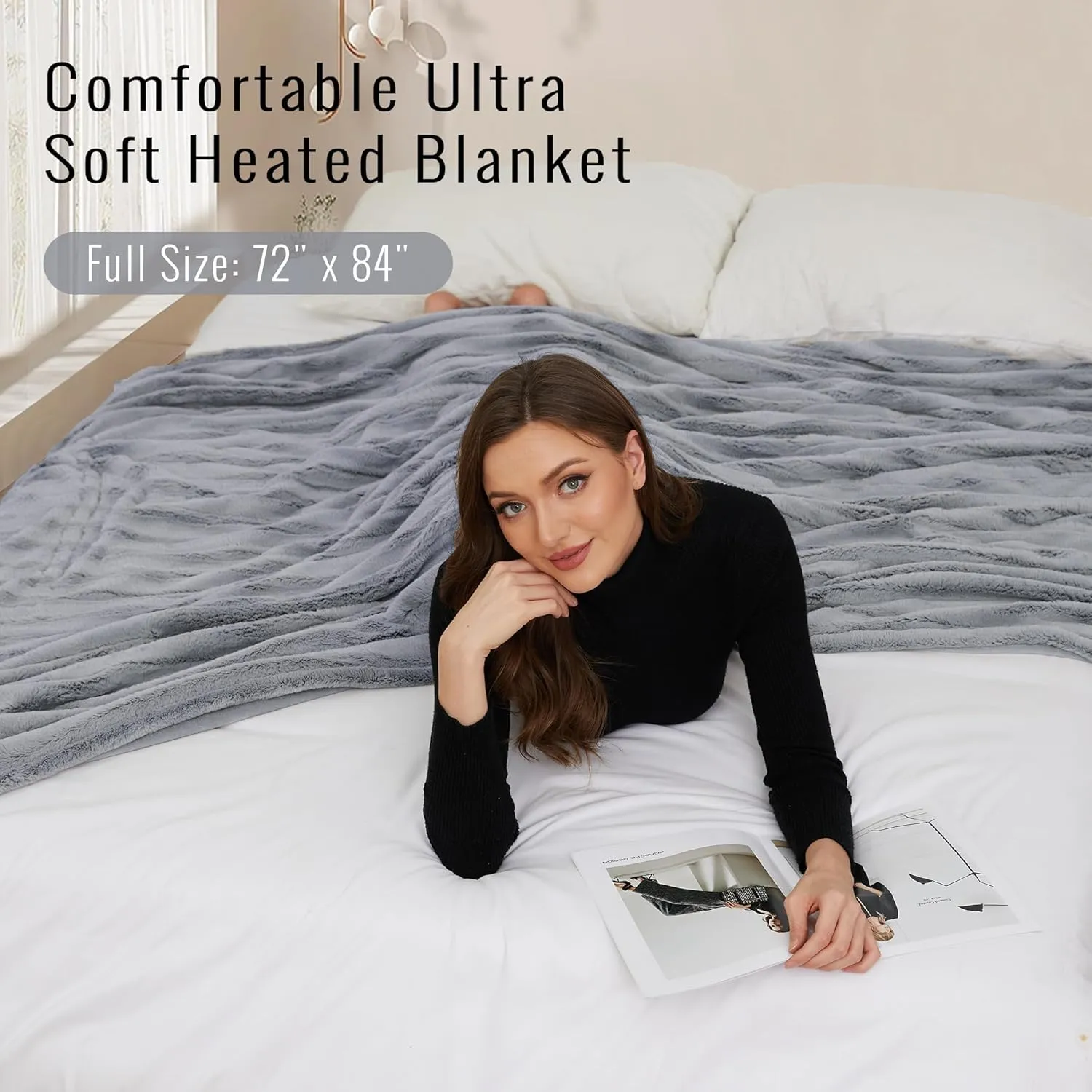 YAKEE Electric Heated Blanket Full Size 72"x 84", 4 Fast Heating Levels, 10H Auto Off, Super Soft Faux Fur Electric Blanket, Overheat Protection, Gray