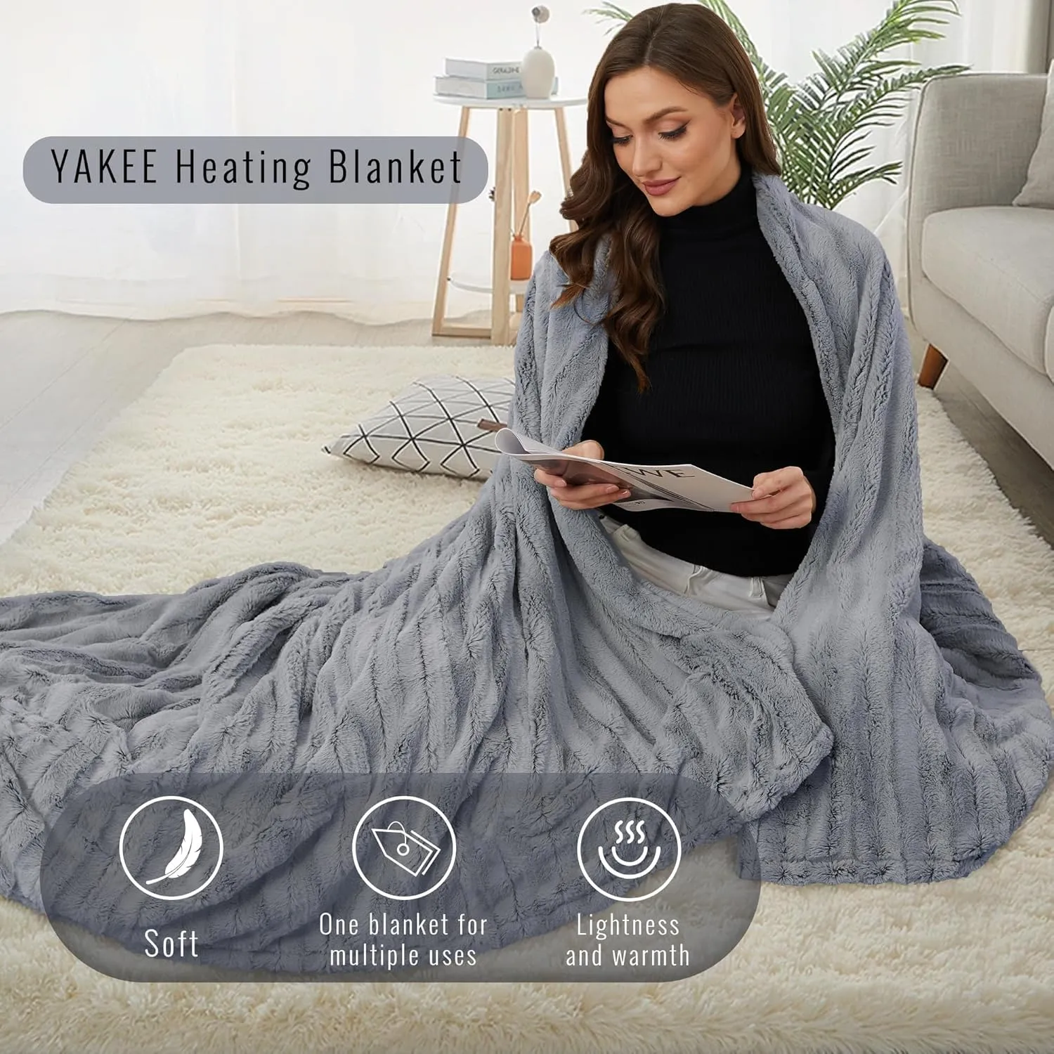YAKEE Electric Heated Blanket Full Size 72"x 84", 4 Fast Heating Levels, 10H Auto Off, Super Soft Faux Fur Electric Blanket, Overheat Protection, Gray