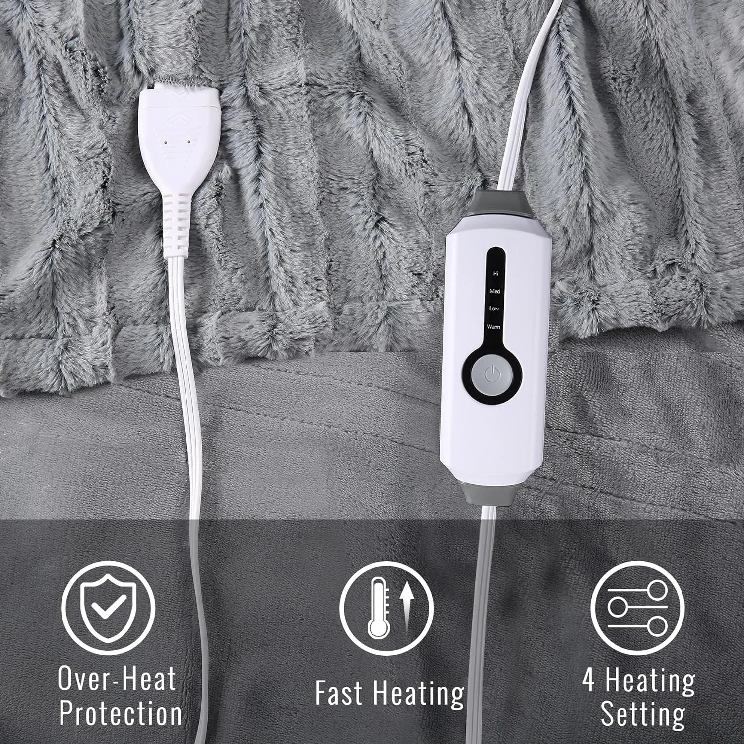 YAKEE Electric Heated Blanket Full Size 72"x 84", 4 Fast Heating Levels, 10H Auto Off, Super Soft Faux Fur Electric Blanket, Overheat Protection, Gray