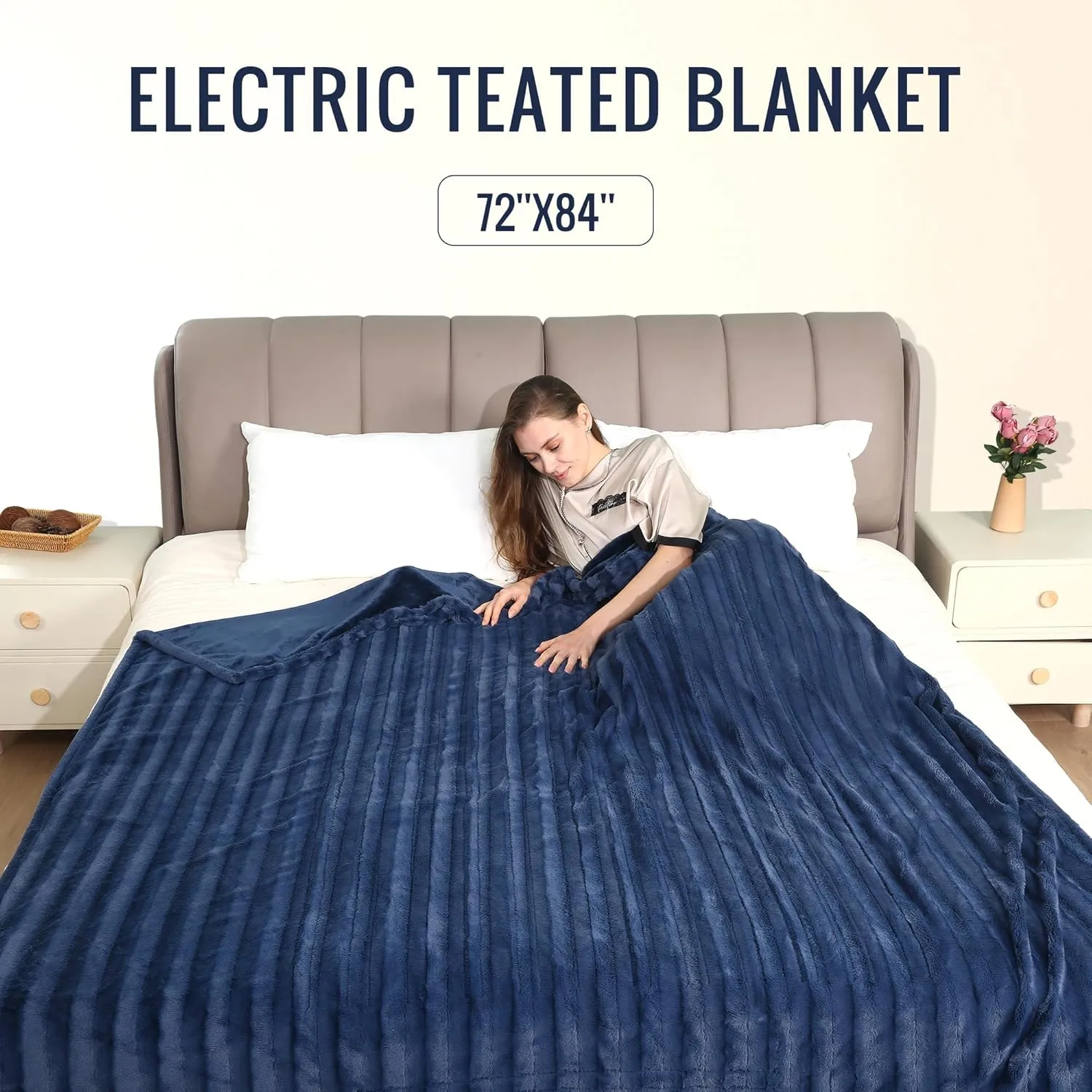 YAKEE Electric Heated Blanket Full Size 72"x 84", Cozy Soft Faux Fur Electric Blanket, 4 Heating Levels & 10 Hours Auto Off, Home Office Use, Machine Washable, Navy