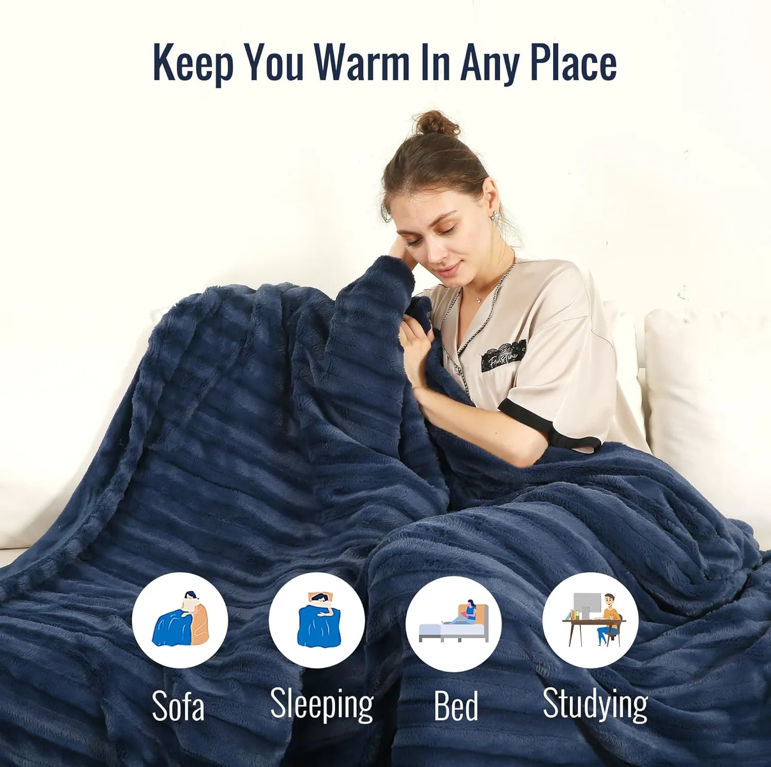 YAKEE Electric Heated Blanket Full Size 72"x 84", Cozy Soft Faux Fur Electric Blanket, 4 Heating Levels & 10 Hours Auto Off, Home Office Use, Machine Washable, Navy