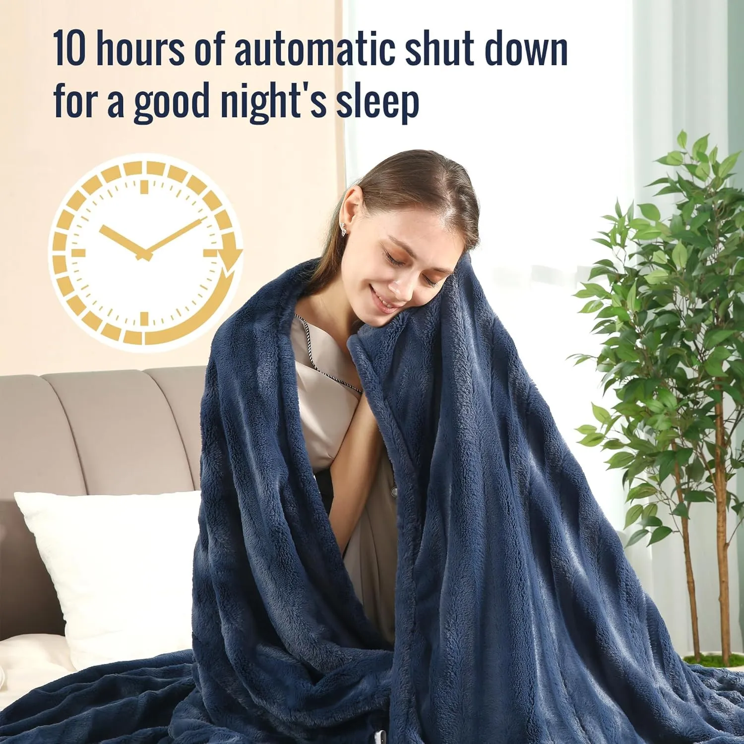 YAKEE Electric Heated Blanket Full Size 72"x 84", Cozy Soft Faux Fur Electric Blanket, 4 Heating Levels & 10 Hours Auto Off, Home Office Use, Machine Washable, Navy