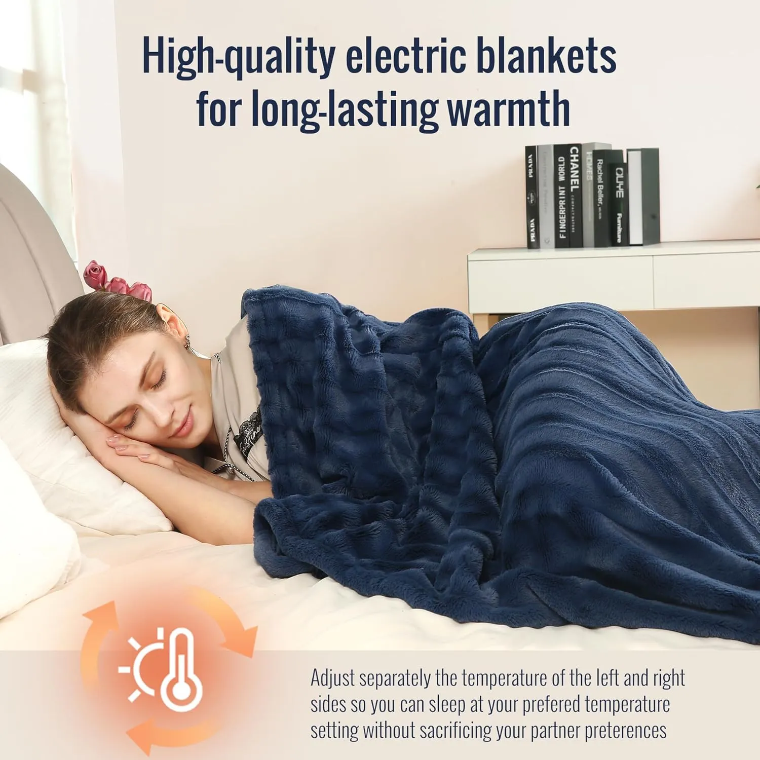 YAKEE Electric Heated Blanket Full Size 72"x 84", Cozy Soft Faux Fur Electric Blanket, 4 Heating Levels & 10 Hours Auto Off, Home Office Use, Machine Washable, Navy