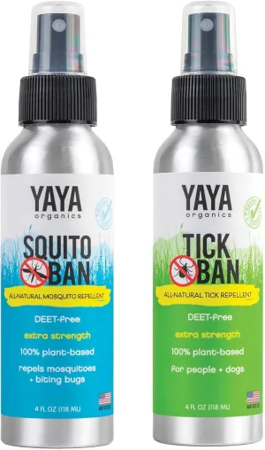 YAYA Organics Tick Ban   Squito Ban Duo Pack | All Natural Tick Repellent and Mosquito Spray Made with Essential Oils, Deet-Free | 2 4oz Spray Bottles