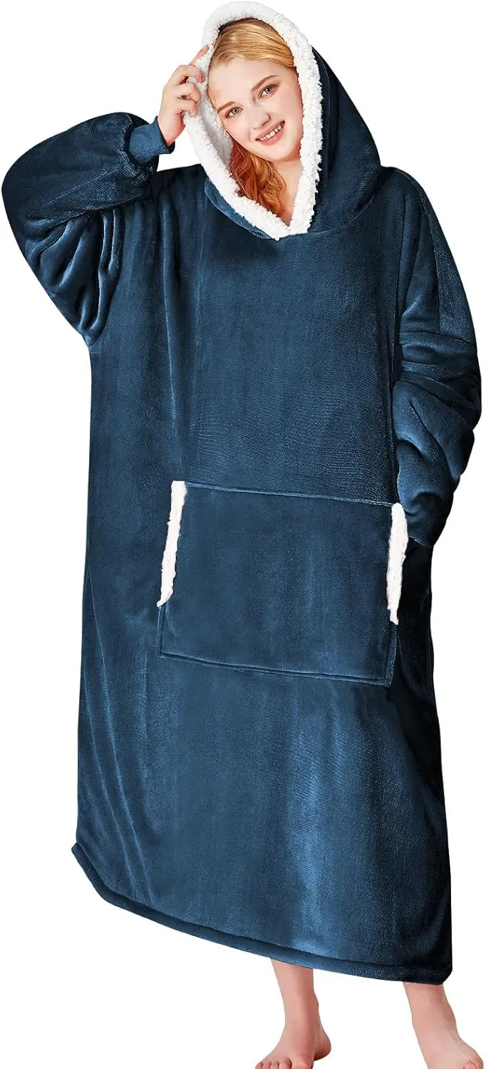 yescool Wearable Blanket Hoodie, Flannel Sherpa Fleece Blanket Sweatshirt for Adults Women Men, Big Plush Cozy Hooded Blanket with Hood, Pocket & Sleeves, Large, One Size Fits All (Navy Blue)