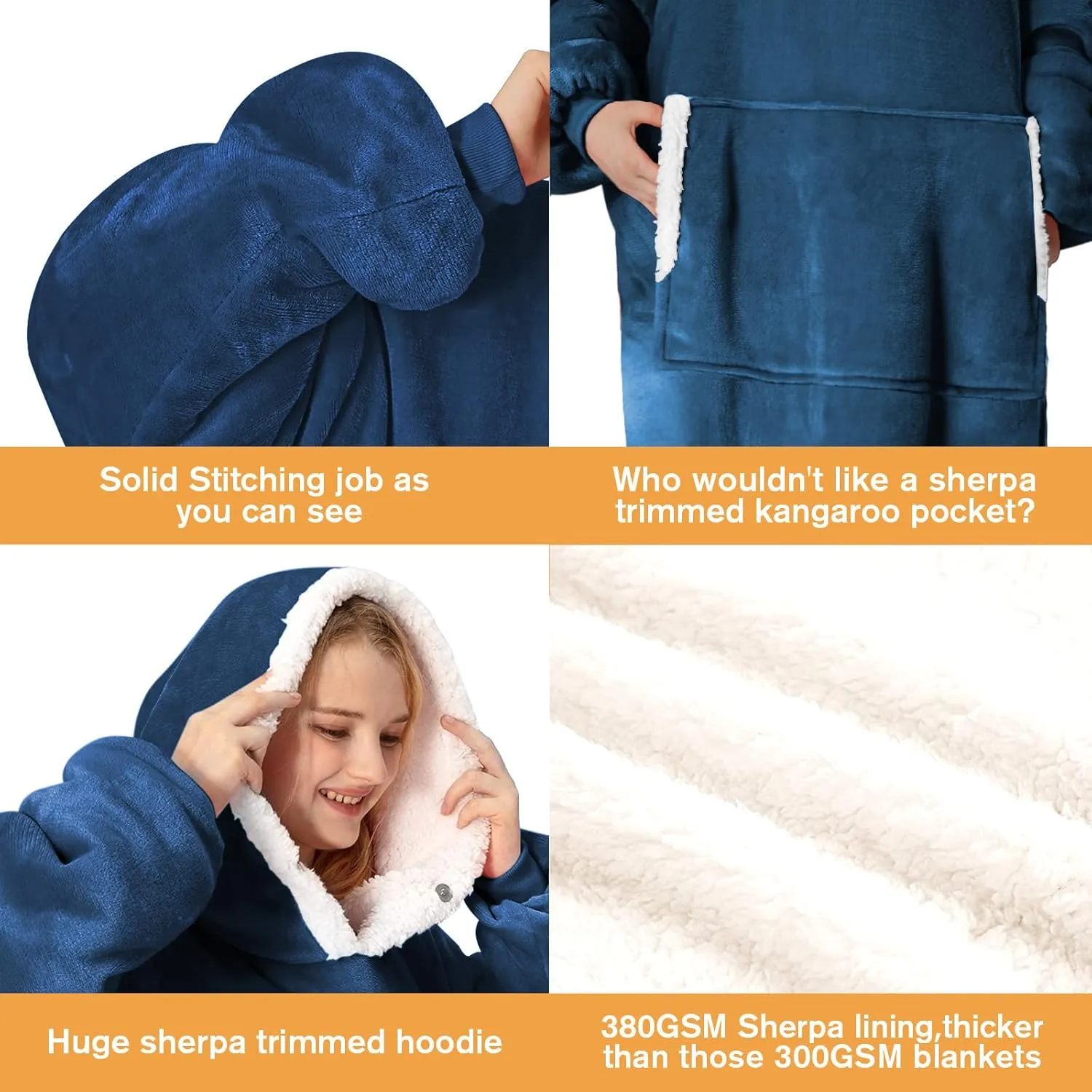 yescool Wearable Blanket Hoodie, Flannel Sherpa Fleece Blanket Sweatshirt for Adults Women Men, Big Plush Cozy Hooded Blanket with Hood, Pocket & Sleeves, Large, One Size Fits All (Navy Blue)