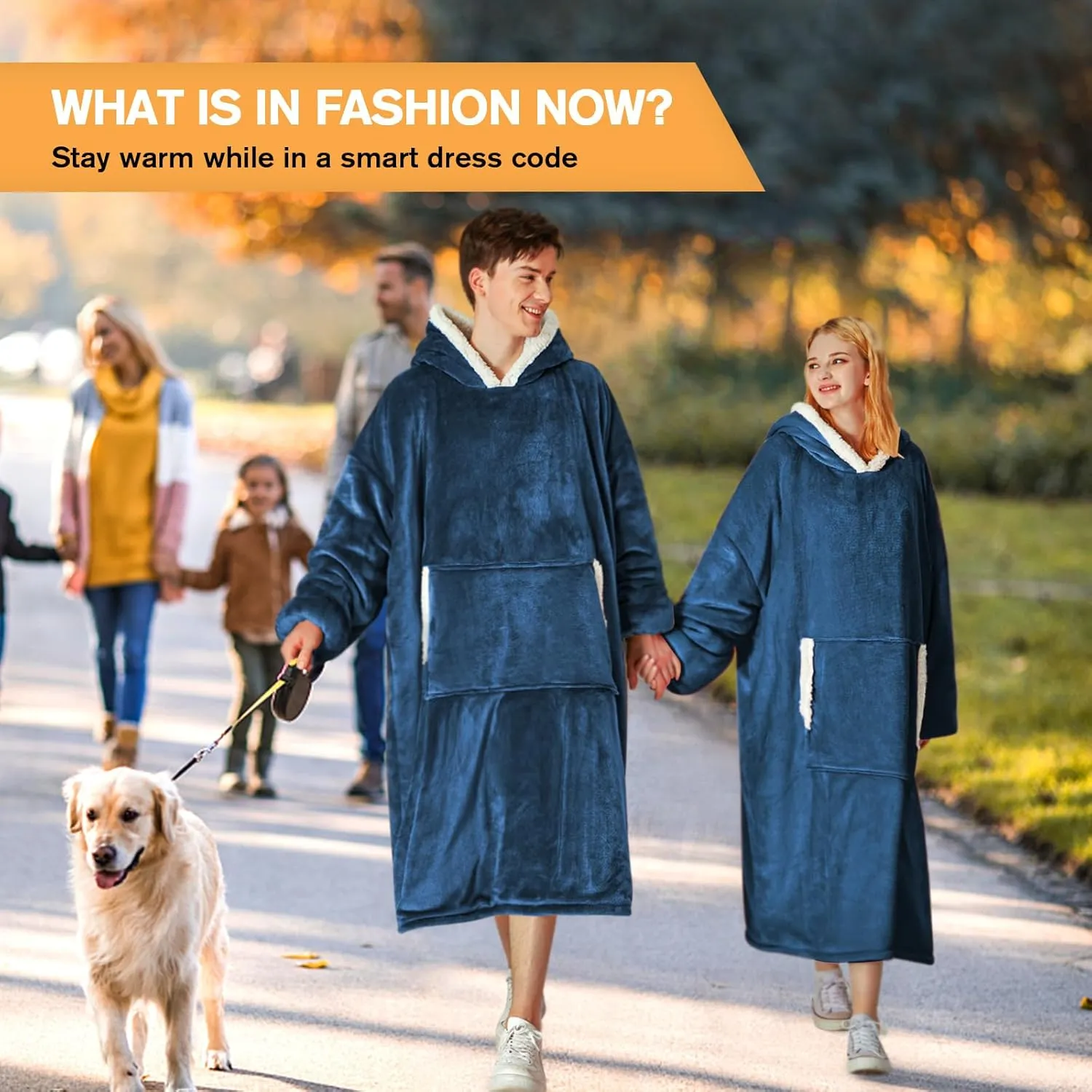 yescool Wearable Blanket Hoodie, Flannel Sherpa Fleece Blanket Sweatshirt for Adults Women Men, Big Plush Cozy Hooded Blanket with Hood, Pocket & Sleeves, Large, One Size Fits All (Navy Blue)