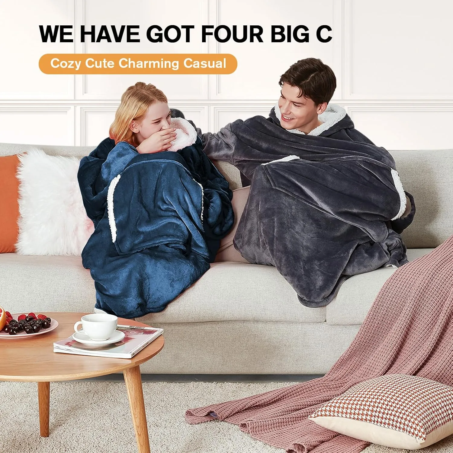 yescool Wearable Blanket Hoodie, Flannel Sherpa Fleece Blanket Sweatshirt for Adults Women Men, Big Plush Cozy Hooded Blanket with Hood, Pocket & Sleeves, Large, One Size Fits All (Navy Blue)