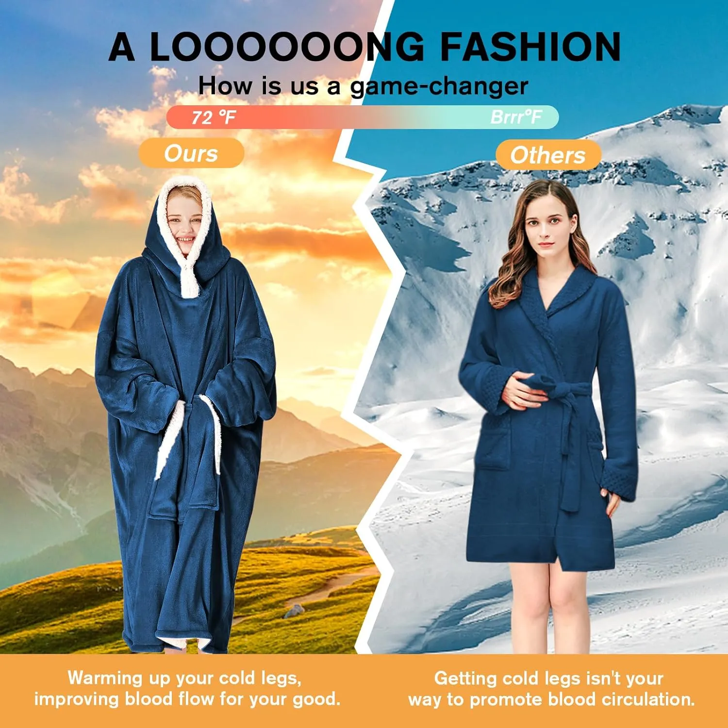 yescool Wearable Blanket Hoodie, Flannel Sherpa Fleece Blanket Sweatshirt for Adults Women Men, Big Plush Cozy Hooded Blanket with Hood, Pocket & Sleeves, Large, One Size Fits All (Navy Blue)