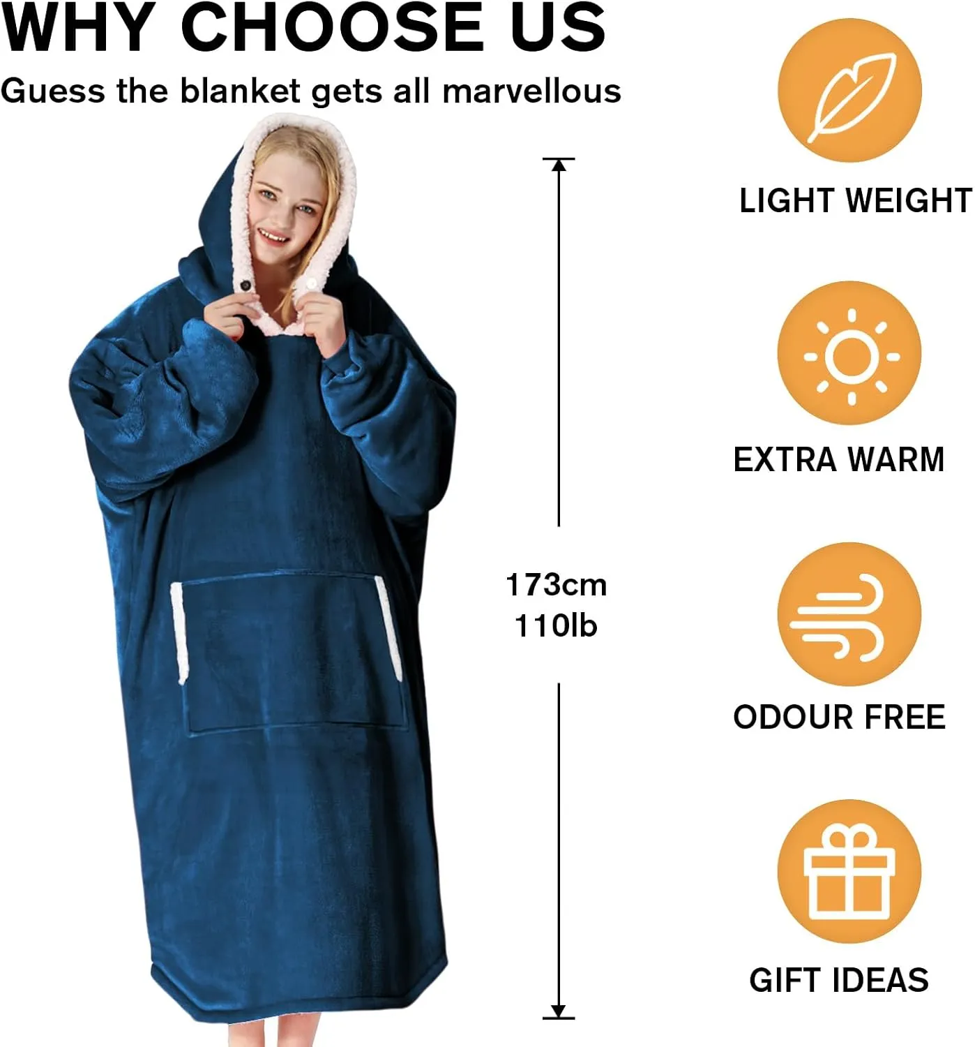 yescool Wearable Blanket Hoodie, Flannel Sherpa Fleece Blanket Sweatshirt for Adults Women Men, Big Plush Cozy Hooded Blanket with Hood, Pocket & Sleeves, Large, One Size Fits All (Navy Blue)