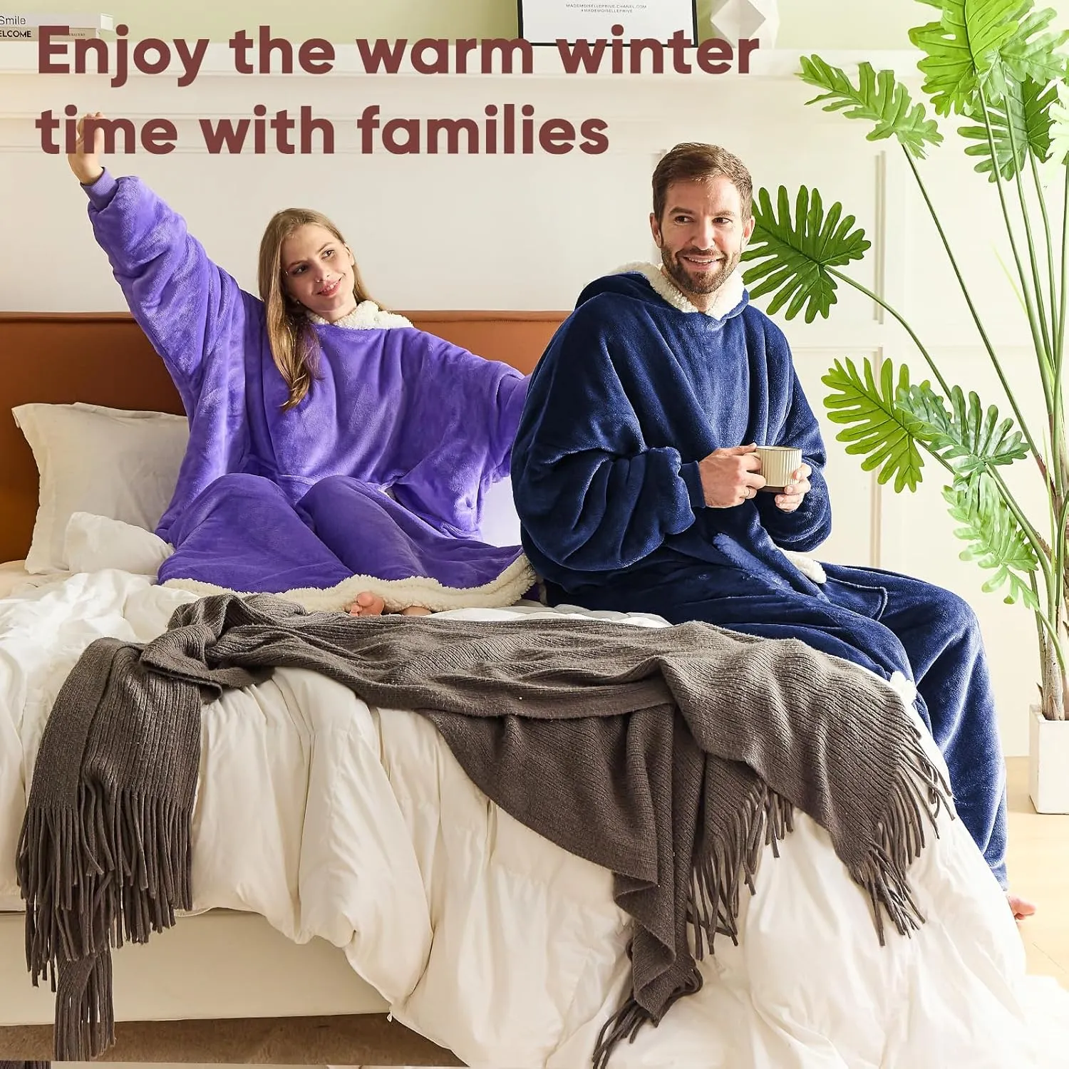 yescool Wearable Blanket Hoodie, Flannel Sherpa Fleece Blanket Sweatshirt for Adults Women Men, Big Plush Cozy Hooded Blanket with Hood, Pocket & Sleeves, Oversized, One Size Fits All (Navy Blue)