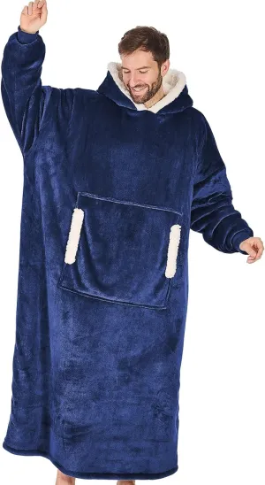 yescool Wearable Blanket Hoodie, Flannel Sherpa Fleece Blanket Sweatshirt for Adults Women Men, Big Plush Cozy Hooded Blanket with Hood, Pocket & Sleeves, Oversized, One Size Fits All (Navy Blue)