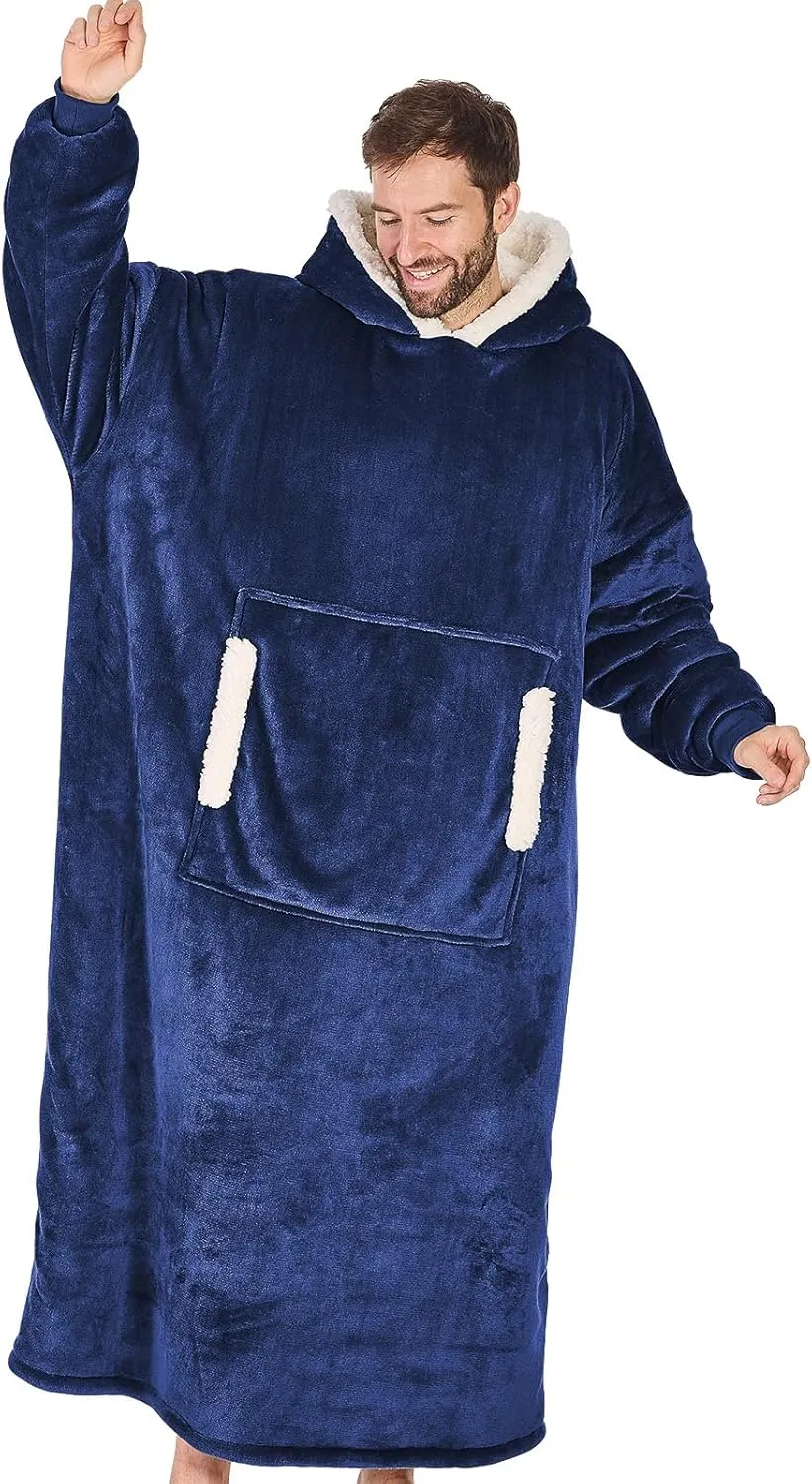 yescool Wearable Blanket Hoodie, Flannel Sherpa Fleece Blanket Sweatshirt for Adults Women Men, Big Plush Cozy Hooded Blanket with Hood, Pocket & Sleeves, Oversized, One Size Fits All (Navy Blue)