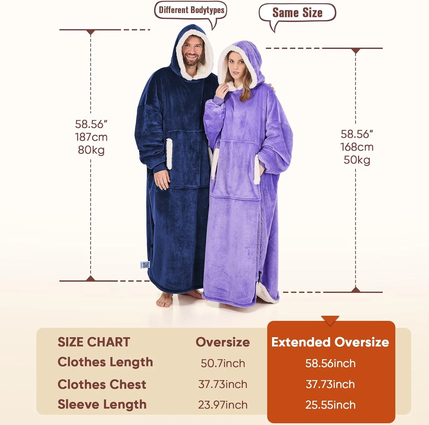 yescool Wearable Blanket Hoodie, Flannel Sherpa Fleece Blanket Sweatshirt for Adults Women Men, Big Plush Cozy Hooded Blanket with Hood, Pocket & Sleeves, Oversized, One Size Fits All (Navy Blue)
