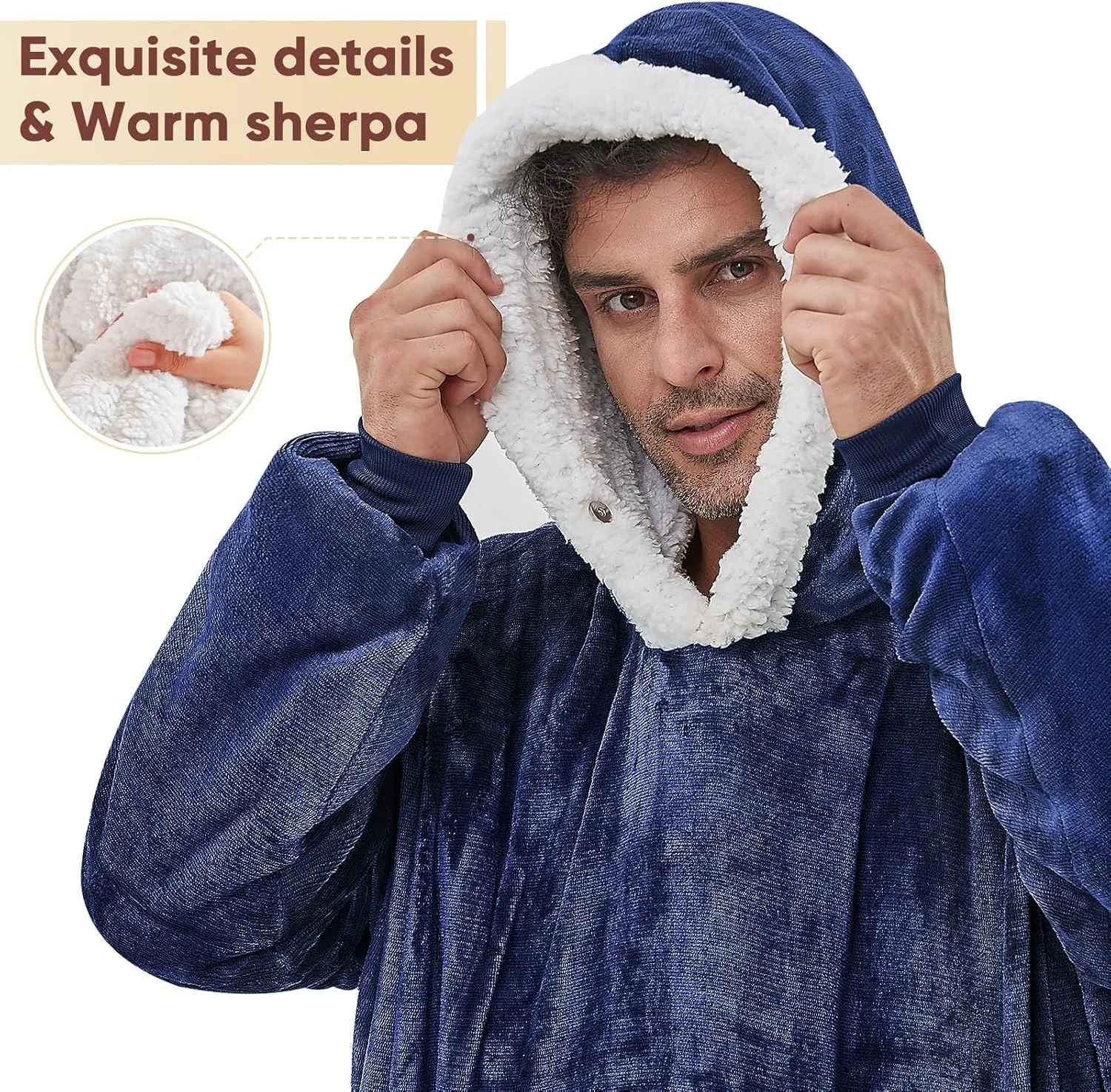 yescool Wearable Blanket Hoodie, Flannel Sherpa Fleece Blanket Sweatshirt for Adults Women Men, Big Plush Cozy Hooded Blanket with Hood, Pocket & Sleeves, Oversized, One Size Fits All (Navy Blue)