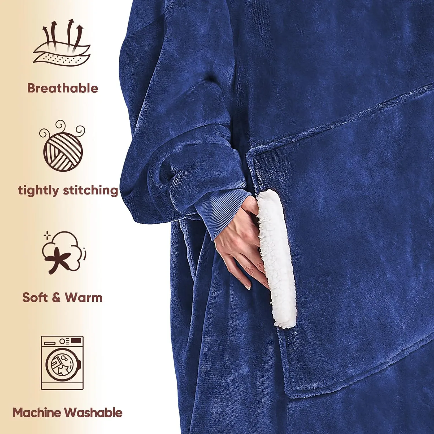 yescool Wearable Blanket Hoodie, Flannel Sherpa Fleece Blanket Sweatshirt for Adults Women Men, Big Plush Cozy Hooded Blanket with Hood, Pocket & Sleeves, Oversized, One Size Fits All (Navy Blue)