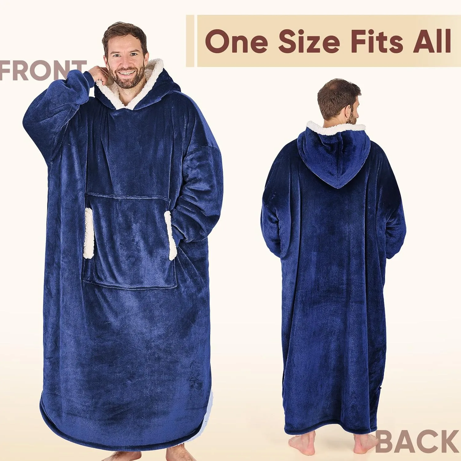 yescool Wearable Blanket Hoodie, Flannel Sherpa Fleece Blanket Sweatshirt for Adults Women Men, Big Plush Cozy Hooded Blanket with Hood, Pocket & Sleeves, Oversized, One Size Fits All (Navy Blue)