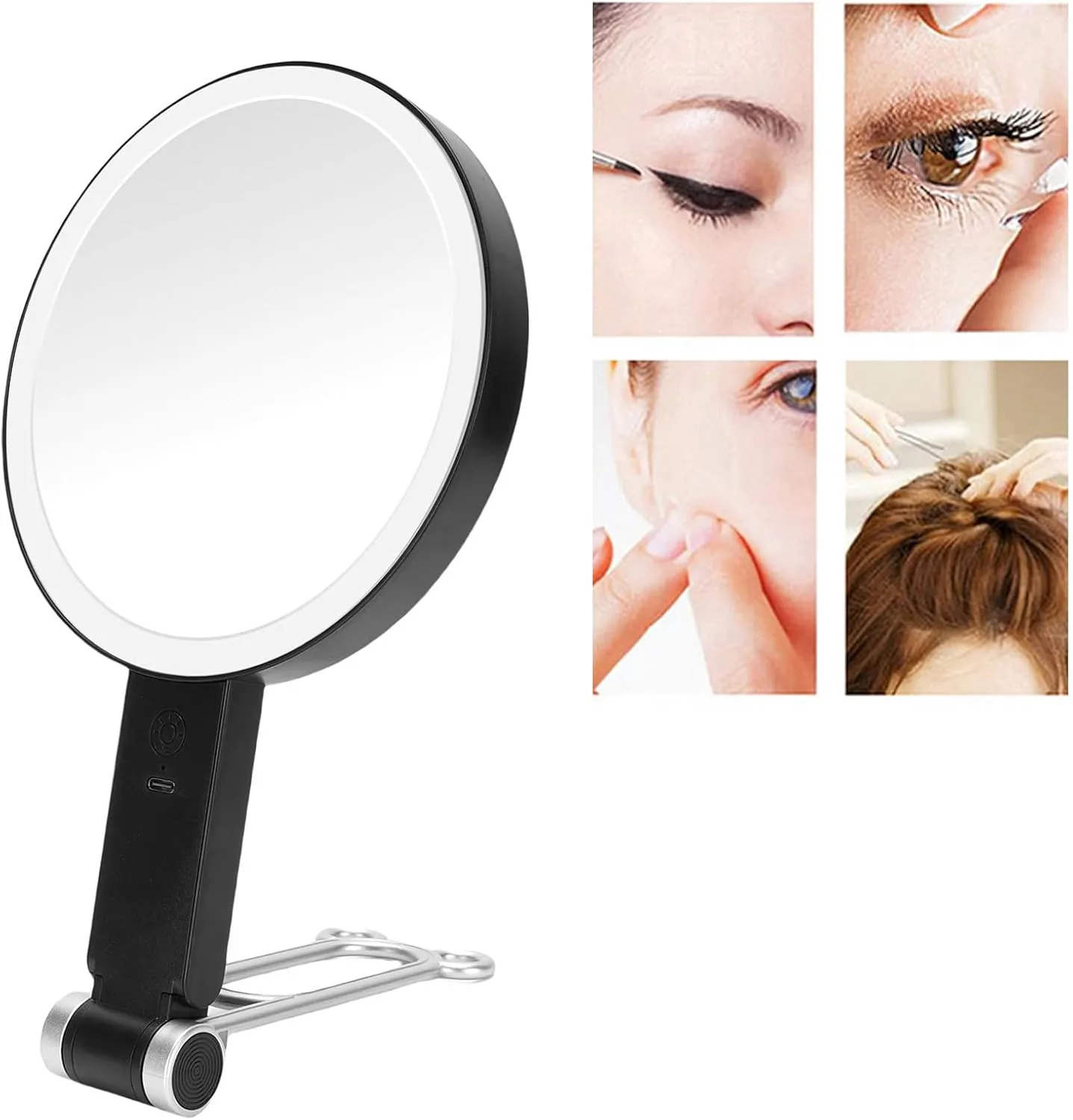 Ymiko LED Magnifying Makeup Mirror Double Sided 1X 30X USB Rechargeable 3 Color Temperature Folding Round Shaped Travel Mirror (Black)