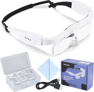 YOCTOSUN Head Magnifier Glasses with 3 LED Lights and 5 Detachable Lenses 0.75X, 1.25X,2.0X, 3.0X and 4.0X, USB Charging Eyeglasses Magnifier, Magnifying Glasses with Light for Close Work Hobby Crafts