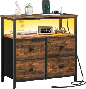 Yoobure Night Stand with Charge Station, Nightstand with 4 Drawers Bedside Table, LED Dresser with Storage Shelf, Night Stands for Bedroom, Side Table 3-Tier Wood End Table for Home Rustic Brown