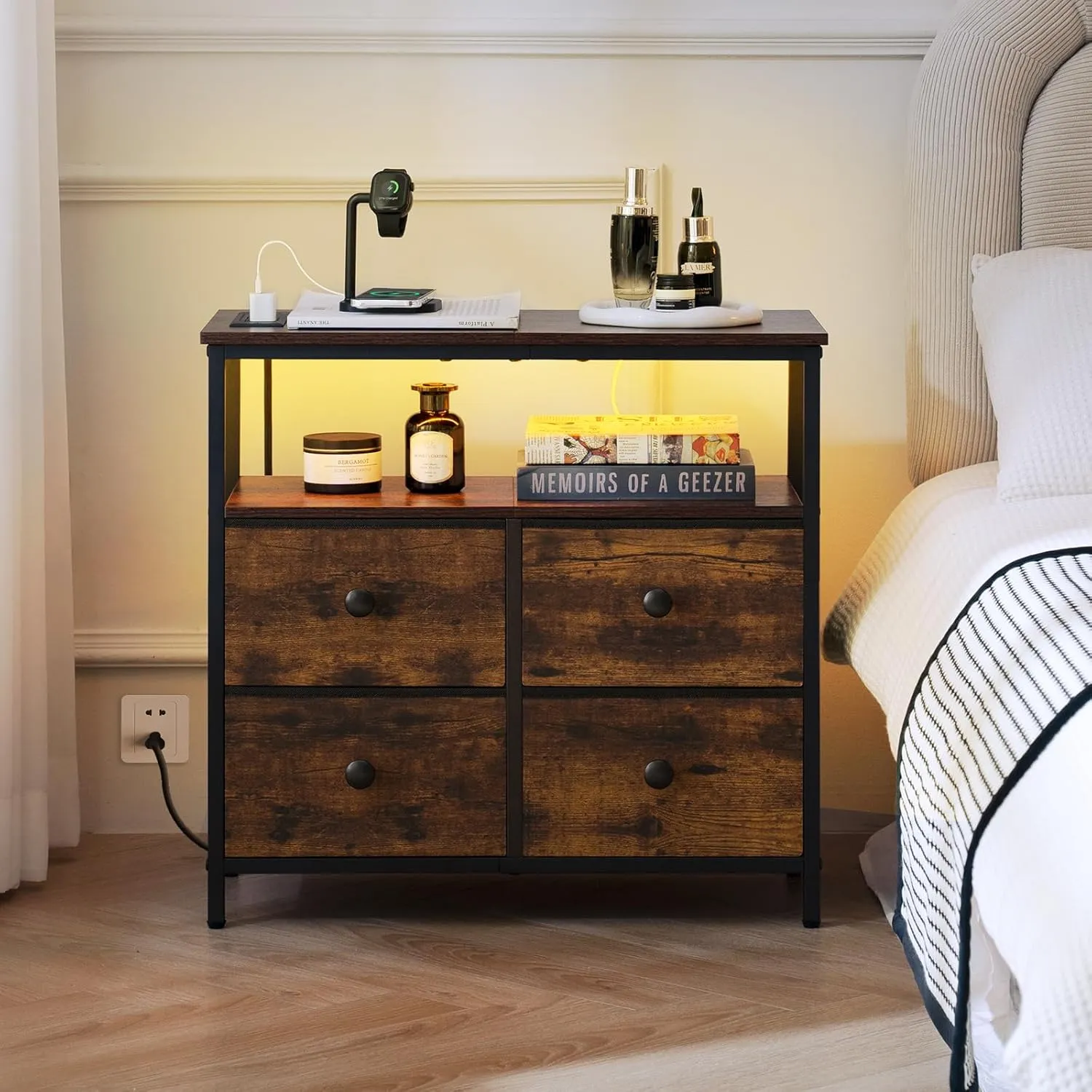 Yoobure Night Stand with Charge Station, Nightstand with 4 Drawers Bedside Table, LED Dresser with Storage Shelf, Night Stands for Bedroom, Side Table 3-Tier Wood End Table for Home Rustic Brown