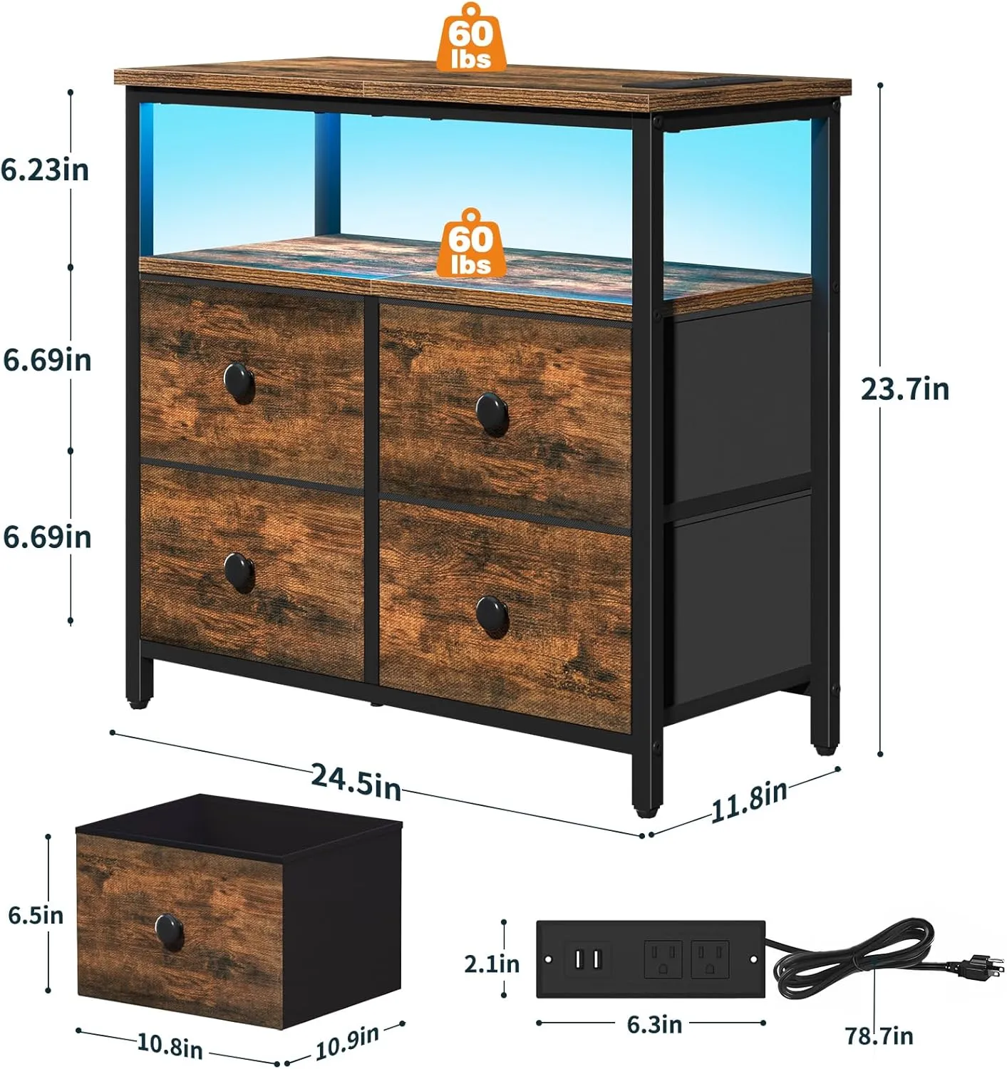 Yoobure Night Stand with Charge Station, Nightstand with 4 Drawers Bedside Table, LED Dresser with Storage Shelf, Night Stands for Bedroom, Side Table 3-Tier Wood End Table for Home Rustic Brown