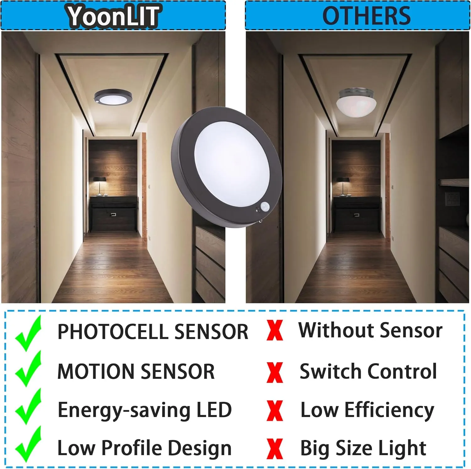 YoonLIT Flush Mount Motion Sensor LED Ceiling Light with Photocell Sensor, ON/Off Automatic for Stair, Porch, Closet, Basement, Hallway, Pantry, 6.2 Inch 10.5W 700 Lumen, Bronze Finish 5000K 4-Pack