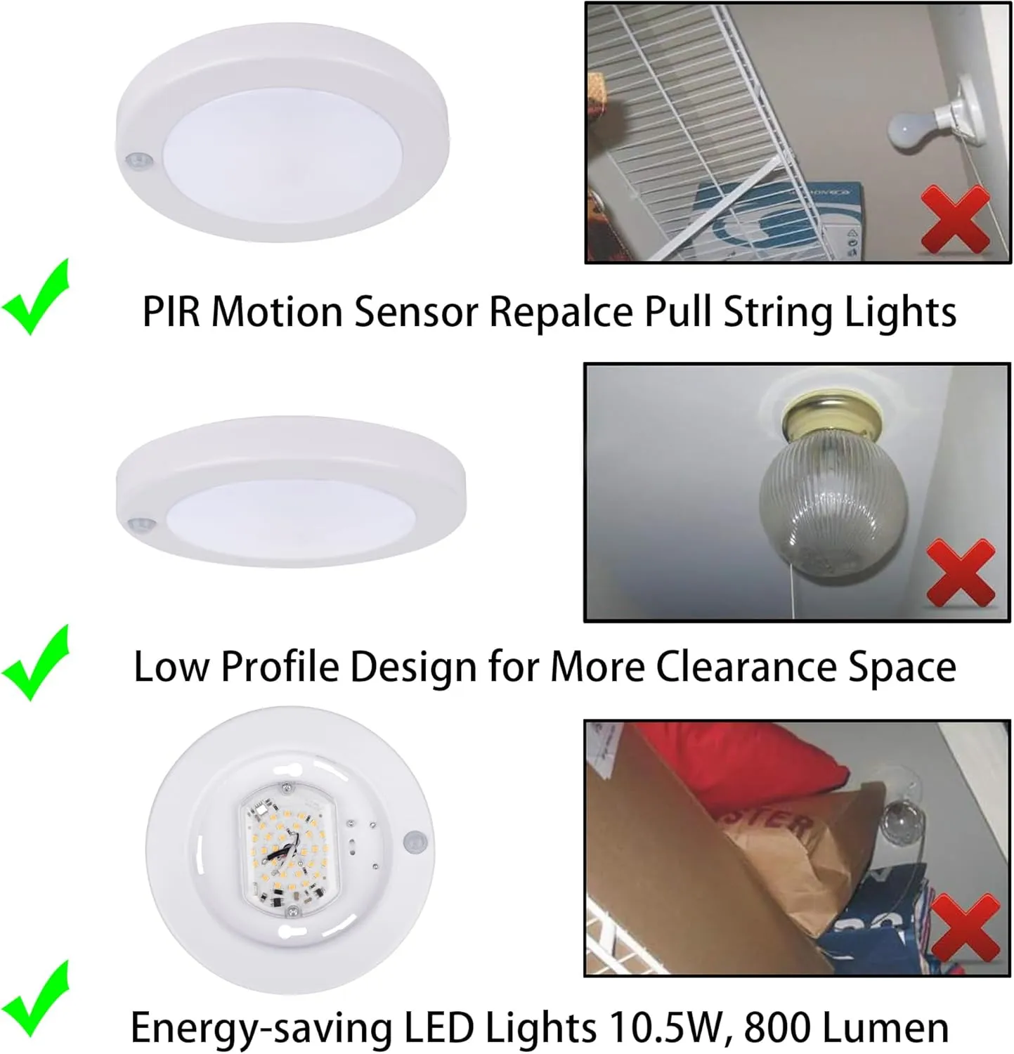 YoonLIT Flush Mount PIR Motion Sensor LED Ceiling Light, 6.2 Inch 10.5W 800 Lumen, Motion Activated Ceiling Fixture for Closet, Garage, Doorway, Stairway, Hallway, White Finish 5000K 1-Pack