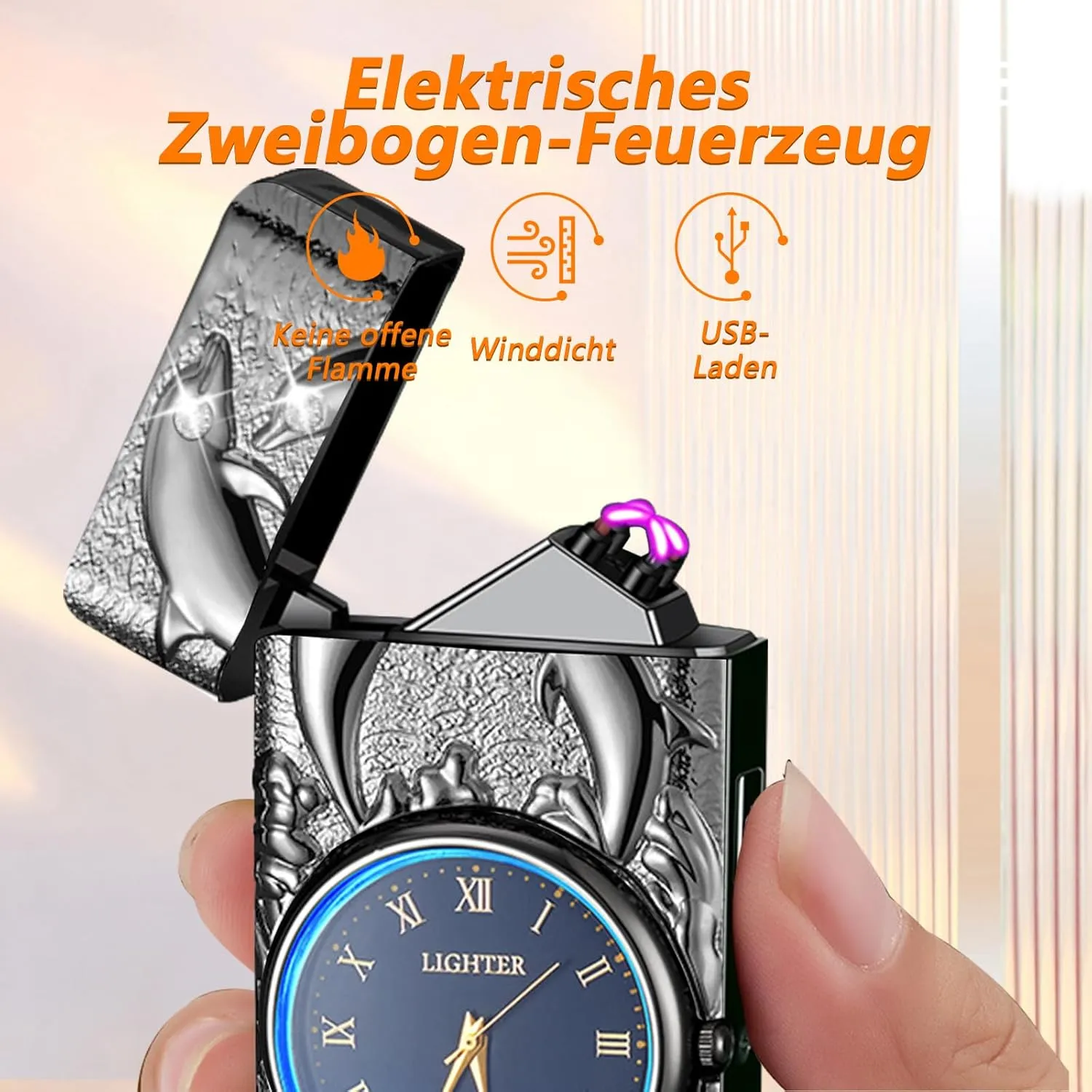 YOZWOO Electric Arc Lighter Rechargeable USB Lighters Plasma Lighter Dolphin Candle Lighters Clock Design with LED Lighting for Outdoor BBQ, Fireworks, Camping(Black)