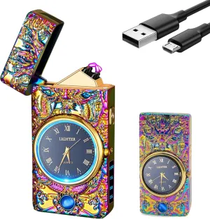 YOZWOO Electric Lighter Plasma Double Arc Lighters Rechargeable USB Lighter Clock Windproof Flameless Lighters with LED Flashlight Clock for Outdoor Camping, BBQ, Fireworks(Magic)