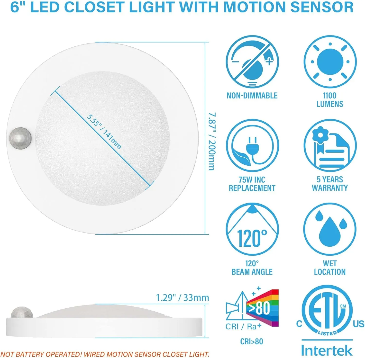 ZAGO LED 6" 120 Volts Closet Light Wired, PIR Motion Sensor Ceiling Disc Light, 15W, 1100 Lumens, CRI>80, 5000K Daylight White for Closet, Laundry, Garage, Pantry, Wet Location, ETL, White, 2 Packs