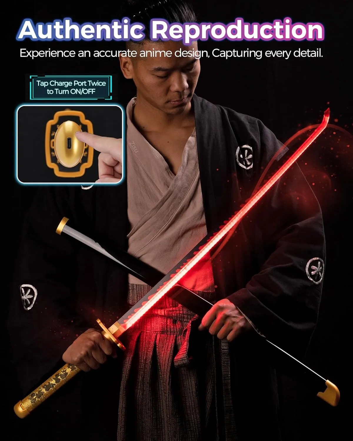 Zisu Light Up Demon Katana Sword - 40-Inch Katana with Rechargeable Battery - Full Kit with Sword Stand and Belt