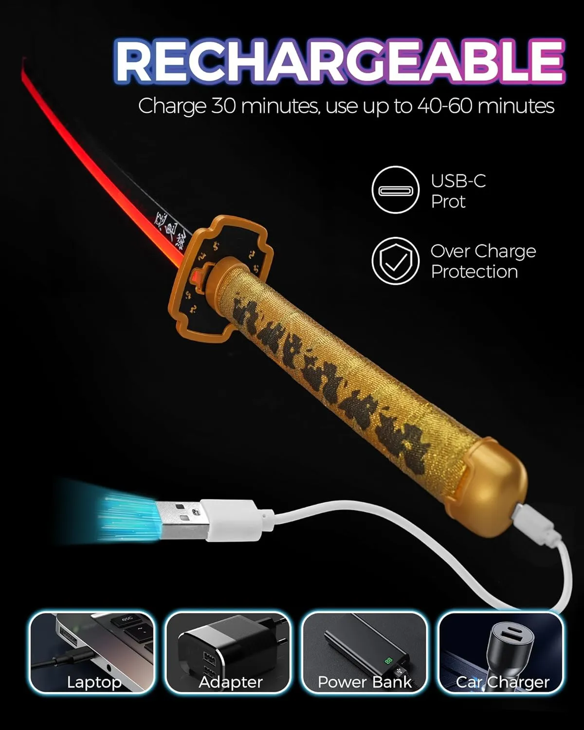 Zisu Light Up Demon Katana Sword - 40-Inch Katana with Rechargeable Battery - Full Kit with Sword Stand and Belt