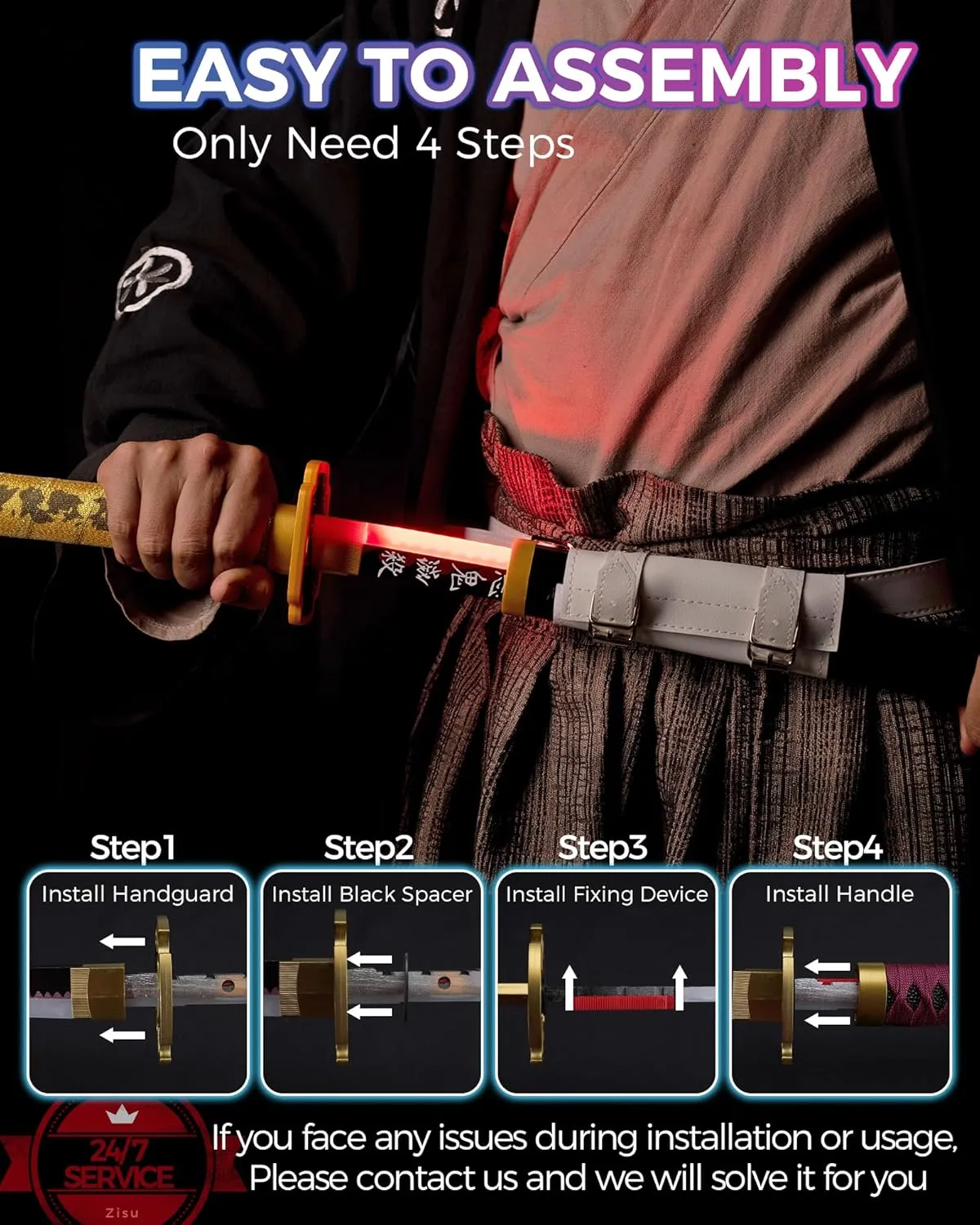 Zisu Light Up Demon Katana Sword - 40-Inch Katana with Rechargeable Battery - Full Kit with Sword Stand and Belt